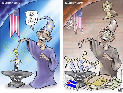Cartoon: Obama - one year later (medium) by Damien Glez tagged obama,afghanistan,iraq,yemen