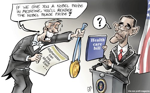 Cartoon: Saint Obama (medium) by Damien Glez tagged obama,usa,health,care,bill,nobel,prize,medicine