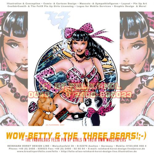 Cartoon: Betty and The 3 Bears-censored! (medium) by FeliXfromAC tagged girl,sexy,bär,bear,retro,coolbär,frau,woman,comix,erotainment,pin,up,cover,poster,erotic,comic,cartoon,bad,girls,glamour,stockart