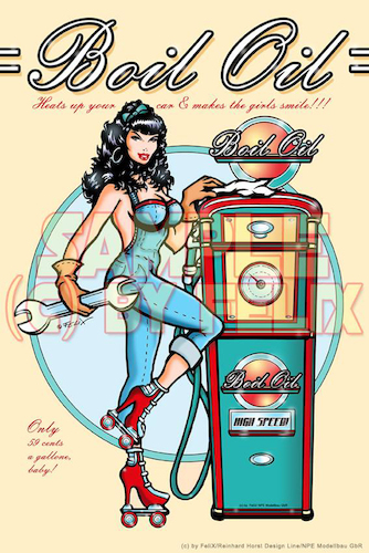 Cartoon: BOIL OIL - Tin Sign Design (medium) by FeliXfromAC tagged pinup,pin,up,the,feix,girls,boil,oil,blechschild,car,auto