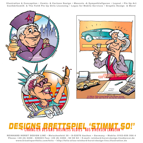 Cartoon: Cartoons für Brettspiel (medium) by FeliXfromAC tagged spiel,design,felix,alias,reinhard,horst,brettspiel,illustration,illustrator,aachen,nrw,alte,leute,stimmt,so,queen,games,oma,omma,america,russland,börse