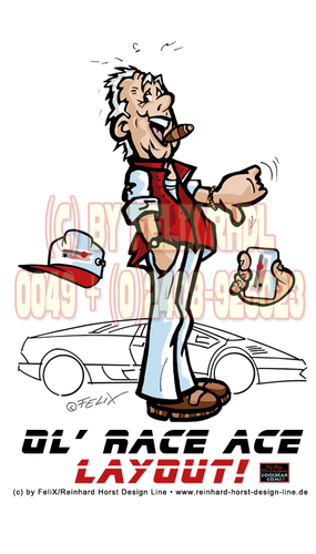 Cartoon: Character Old Race Ace! (medium) by FeliXfromAC tagged elix,alias,reinhard,horst,design,line,aachen,illustration,illustrator,comic,zeichner,comiczeichner,nrw,brettspiel,sympathie,figuren,mascot,cartoon,alte,leute,senior,old,people,menschen,cool,character,rauchen,sw,bw,farbe,alter,mann,rennfahrer