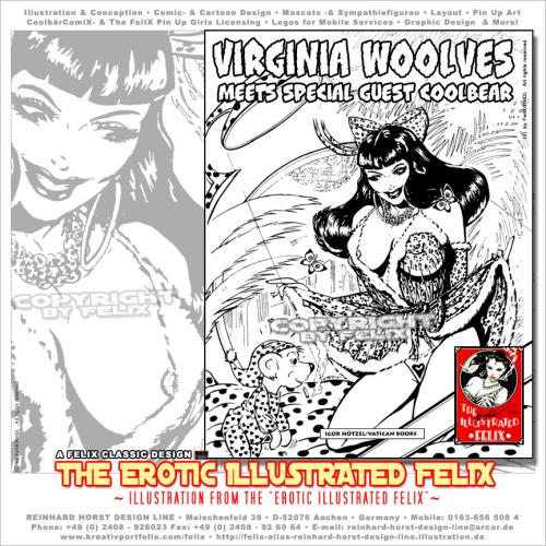 Cartoon: CoolBear Meets Virginia (medium) by FeliXfromAC tagged sexy,erotic,pin,up,felix,alias,reinhard,horst,peppita,frazzetta,girl,frau,woman,bear,bär,illustration,cover,cartoon,design,line,aachen,stockart,wolf,miss,fräulein,virginia,woolves,