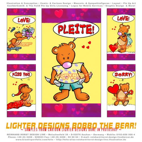 Cartoon: Lighter Designs Bobbo the Bear (medium) by FeliXfromAC tagged bobbo,the,bear,bär,tiere,stockart,animals,wizard,cartoon,comic,comix,felix,alias,reinhard,horst,greeting,card,glückwunschkarte,liebe,character,design,mascot,sympathiefigur,beziehung,glück,luck,greetings,call,handy,telefon,phone,handylogo,mobile,services,h