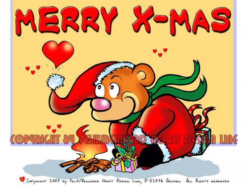 Cartoon: Merry X-Mas Cartoon (medium) by FeliXfromAC tagged charakter,model,sheet,felix,alias,reinhard,horst,aachen,glückwunsch,greeting,herz,mascot,sympathiefigur,blau,bär,bear,design,line,layout,entwurf,rot,red,comic,xmas,weihnachten,cartoon,illustration,stockart