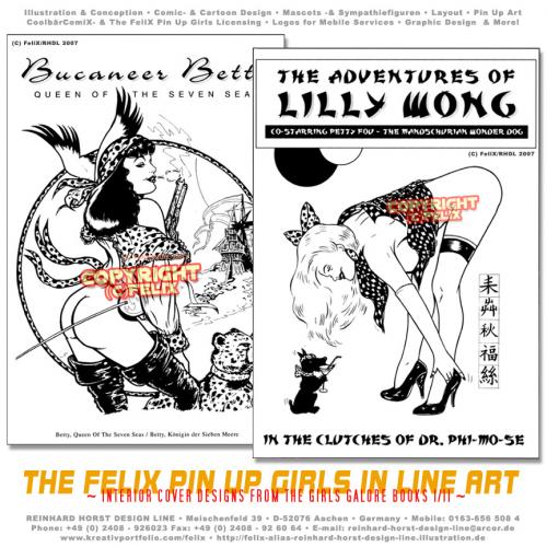 Cartoon: Samples from Girls Galore! (medium) by FeliXfromAC tagged girls,galore,character,frau,girl,cover,woman,comic,pin,up,sexy,erotic,pirate,pirat,dog,felix,alias,reinhard,horst,design,line,lilly,wong,bucaneer,betty,piraten,stockart,