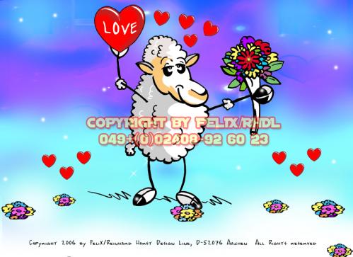Cartoon: Sheep in Love (medium) by FeliXfromAC tagged schaf,sheep,blumen,herz,felix,alias,reinhard,horst,comic,cartoon,love,liebe,design,line,aachen,tier,tiere,animal,animals,illustration,grüße,greeting,card,stockart