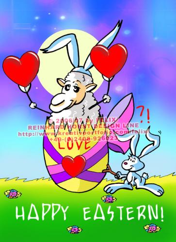 Cartoon: Sheep in Love (medium) by FeliXfromAC tagged schaf,sheep,easter,egg,hase,felix,alias,reinhard,horst,comic,cartoon,love,liebe,design,line,aachen,hare,rabbit,tier,tiere,animal,animals,festtage,malen,illustration,grüße,greeting,card,