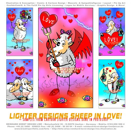 Cartoon: Sheep in Love Lighter Designs (medium) by FeliXfromAC tagged felix,alias,reinhard,horst,aachen,sheeps,in,love,schaf,schafe,cartoon,handy,mobile,services,liebe,funny,tiere,animals,devil,teufel,