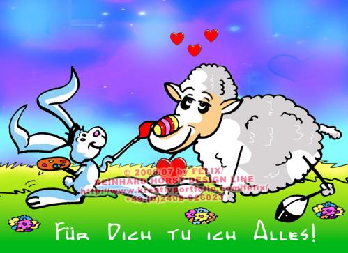 Cartoon: Sheep in Love (medium) by FeliXfromAC tagged schaf,sheep,easter,egg,hase,felix,alias,reinhard,horst,comic,cartoon,love,liebe,design,line,aachen,hare,rabbit,tier,tiere,animal,animals,festtage,malen,illustration,grüße,greeting,card,stockart,