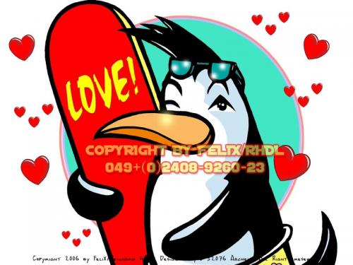 Cartoon: Surf Pingo! (medium) by FeliXfromAC tagged nice,animals,tiere,tier,logos,sympathiefiguren,illustration,mascots,wallpapers,characters,characterdesign,figuren,hey,melde,dich,whimsical,felix,alias,reinhard,horst,design,line,red,love,herzen,beziehung,aachen,pinguin,perdita,pingo,penguine,greeting,card