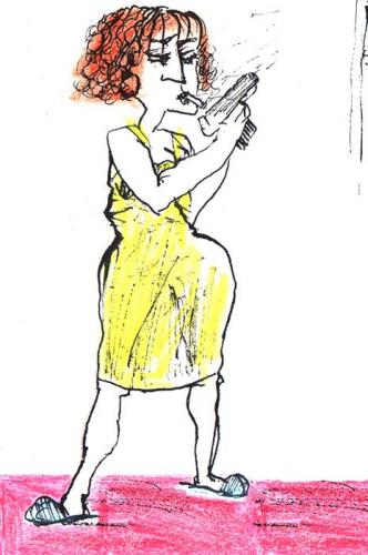 Cartoon: bloodymary (medium) by illustrita tagged frau,character,couple,home,portrait,woman,house,kill,gun,smoke,dress,average,wife,anger,agression,calm