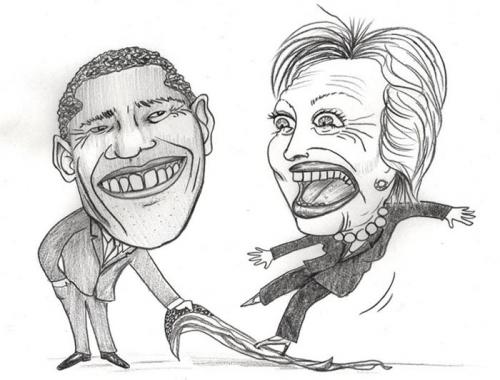 Cartoon: clinton and obama (medium) by illustrita tagged cartoon,caricature,election,usa,amerika,obama,clinton,frau,mann,beziehung,black,white,man,woman,triumph,change