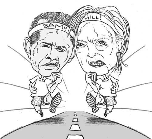 Cartoon: kopf an kopf rennen (medium) by illustrita tagged man,mann,portrait,celebrity,prominenter,woman,frau,clinton,obama,election,politics,amerika,wahl,politik,,kopf