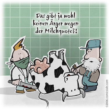 Cartoon: Euter OP (medium) by Jo Drathjer tagged schönheits,kuh,dumme,euter,silikon,brust,breast,schönheitsideal,implantat,operation,op,brustimplantat,implant,milchquote,subvention,landwirtschaft,milchbauer,ärztlicher,rat