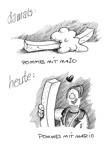 Cartoon: Nichts bleibt wie es war. (medium) by Jo Drathjer tagged hope,new,liebe,maja,mario,fries,french,frites,pommes,food,fast,fastfood