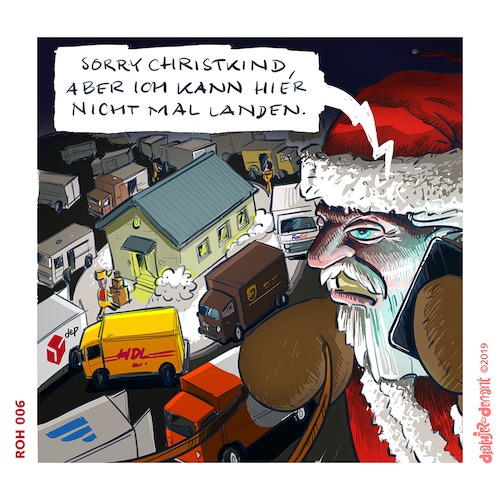 Cartoon: Und ich drehe meine Runden... (medium) by Jo Drathjer tagged sant,weihnachtsmann,schlittenfahrt,weihnachten,heiligabend,bescherung,lieferanten,lieferfahrzeug,paketzusteller,dpd,dhl,ups,hermes,tnt,etc,frohes,fest,merry,christmas,tannenbaum,stau,besinnlichkeit