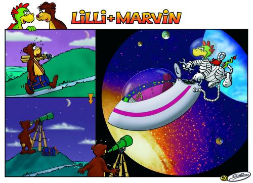 Cartoon: Lilli und Marvin - Space (medium) by salinos tagged lilli,marvin,space,migration,all,universum,ufo,raumfahrt,salinos,salinoscartoon,stars,teleskop,bear,dragon,drache,bär,earth,erde,venus,uranus