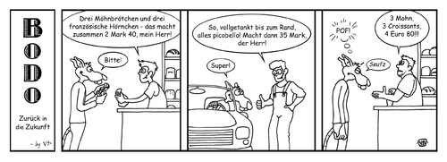 Cartoon: BODO - Zurück in die Zukunft (medium) by volkertoons tagged volkertoons,cartoon,comic,strip,bodo,ratte,rat,zukunft,future,vergangenheit,past,gegenwart,present,gute,alte,zeit,preise,price,geld,money,euro,deutsche,mark