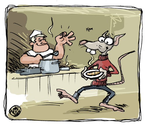 Cartoon: BODO Magazin - Suppenküche (medium) by volkertoons tagged suppenküche,kitchen,küche,soup,suppe,rat,ratte,bodo,illustration,cartoon,volkertoons,küche,ratte,gastronomie,koch,essen,mensa,mahlzeit,suppenküche