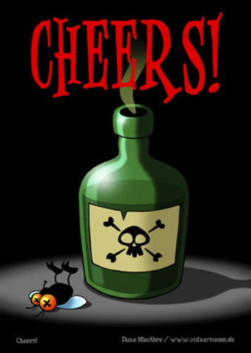 Cartoon: Cheers! (medium) by volkertoons tagged volkertoons,cartoon,comic,karte,grußkarte,postkarte,gereeting,card,fliege,flie,gift,poison,prost,cheers,lustig,humor,spaß,fun,funny