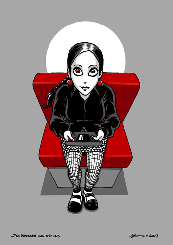 Cartoon: Das Mädchen aus dem Bus (medium) by volkertoons tagged volkertoons,mädchen,frau,girl,woman,emo,goth,gothic,schwarz,szene,bus,nintendo,ds,porträt,portrait,illustration,illustrationen,mädchen,styling,style,lifestyle,szene,goth,nintendo,bus,emo,kultur,trend