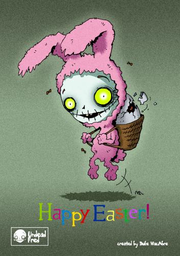 Cartoon: Happy Easter (medium) by volkertoons tagged creeps,creepy,horror,halloween,fantasy,lustig,happy,undead,death,dead,untot,tot,zombies,zombie,dark,pink,surprise,überraschung,ei,osterei,grußkarte,card,greeting,bunny,hase,osterhase,illustration,cartoon,volkertoons,ostern,easter