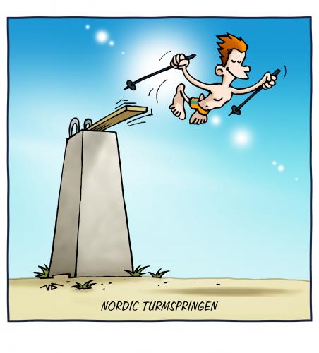 Cartoon: Nordic Turmspringen (medium) by volkertoons tagged cartoons,volkertoons,trendsport,sport,nordic,turmspringen,blöd,albern,überflüssig,turmspringen,sport,nordic walking,trendsport,ski,sprungbrett,wassersport,turmspringer,wasser,dummheit,gefahr,hochmut,sportunfall,unfall,experiment,sackgasse,nordic,walking