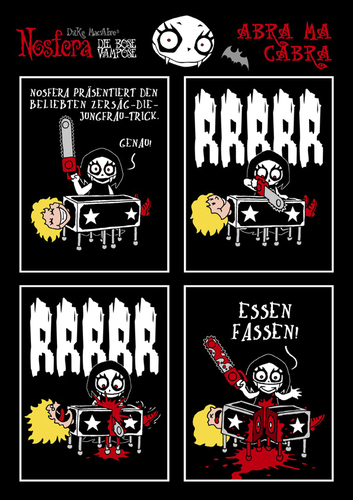 Cartoon: NOSFERA - Abra Macabra (medium) by volkertoons tagged nosfera,vampir,vampire,vampiress,vicious,böse,vampöse,säge,saw,chainsaw,kettensäge,trick,zaubertrick,magic,zirkus,circus,variete,schwarzer,humor,black