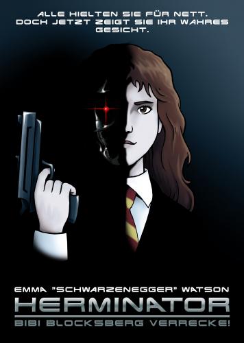 Cartoon: PotterFakePlakate - Herminator (medium) by volkertoons tagged volkertoons,cartoon,parodie,humor,lustig,funny,harry,potter,terminator,hermine,granger,bibi,blocksberg,hexe,hexen,witch,roboter,android,replikant,cyborg,plakat,film,movie,cinema,fake,terminator,parodie,harry potter,hermine granger,literatur,film,action,harry,potter,hermine,granger