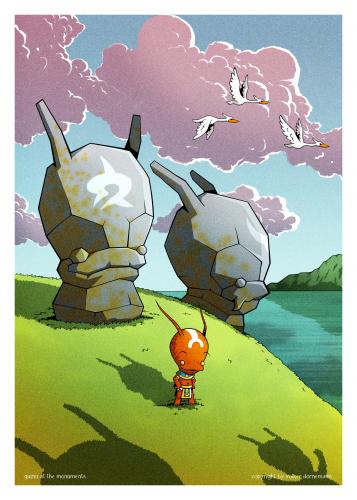 Cartoon: Quirin at the Monuments (medium) by volkertoons tagged volkertoons,illustration,kinderbuch,odyssee,osterinseln,children,book,kinder,kids,homer,südsee,fantasy,natur,nature