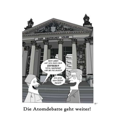 Cartoon: Atomdebatte (medium) by Tricomix tagged tsunami,sushi,bundeskanzlerin,bundeskanzler,aussenminister,anti,erdbeben,japan,reichstag,parlament,merkel,angela,westerwelle,guio,atomdebatte