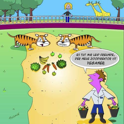 Cartoon: Flexibilität. (medium) by Tricomix tagged verganer,vegetarier,zoodirektor,zoo,tiger,wärter,karotten,salat,bananen,und,äpfel,gmüse