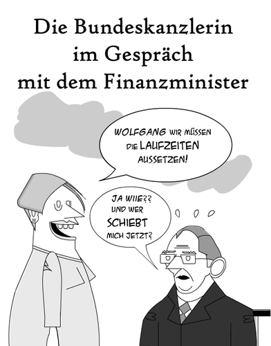 Cartoon: Laufzeiten - repayment periods (medium) by Tricomix tagged laufzeiten,akw,kernkraft,strahlung,japan,wolfgang,schauble,angela,merkel,finanzminister,bundeskanzler,lantagswahlen,baden,württemberg,mappus,ministerpräsident