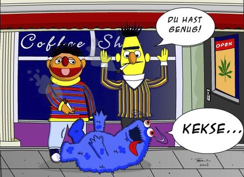 Cartoon: Neulich in Colorado (medium) by Tricomix tagged cannabis,colorado,coffee,shop,sesamstraße,krümelmonster,ernie,bert,marihuanna,amerika