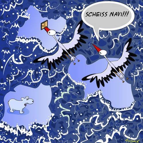 Cartoon: Verflogen... (medium) by Tricomix tagged störche,eisbär,polarmeer,sturm,verflogen,eisschollen,wellen,wasser,kalt