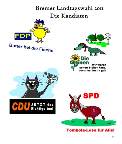 Cartoon: Bremer Landtagswahlen (medium) by Tricomix tagged weserstadion,dom,hafen,hansestadt,freie,roland,werder,buergschaft,bremer,hahn,katze,hund,esel,fdp,gruenen,die,spd,cdu,stadtmusikanten,bremen,landtagswahlen,landtagswahlen,stadtmusikanten,cdu,spd,esel,hund,katze,hahn,bürgschaft