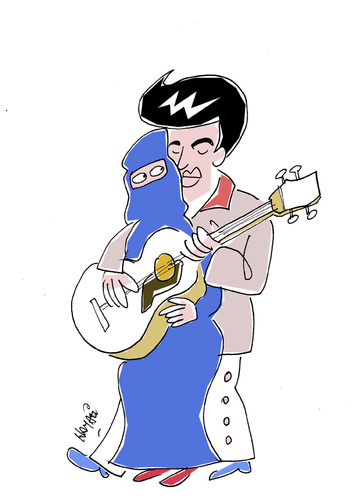 Cartoon: Elvis and Emine (medium) by Hayati tagged elvis,and,emine,elvis presley,burka,islam,elvis,presley