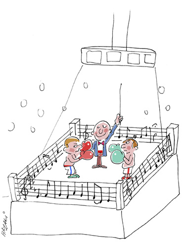 Cartoon: Musik liegt in der Luft... (medium) by Hayati tagged berlin,boyacioglu,music,hayati,noten,musik,dirigent,boxer,ring,boxsport,boks