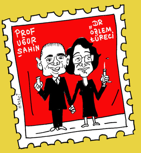 Cartoon: Ozlem Tureci - Ugur Sahin (medium) by Hayati tagged ozlem,tureci,ugur,sahin,pfizer,biontech,wissenschaft,covid19,corona,impfung,cartoon,hayati,boyacioglu