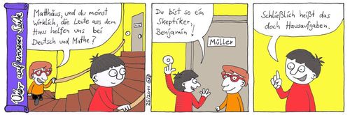 Cartoon: Hausaufgaben (medium) by weltalf tagged hausaufgabe,schule,nachbarn,mietshaus