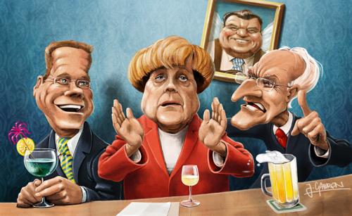 Cartoon: Fröhliche Runde (medium) by Jürgen Gawron tagged merkel,westerwelle,stoiber,karikatur,caricature,illustration,politik,malerei
