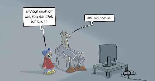 Cartoon: 20210126-Tagesschau (medium) by Marcus Gottfried tagged nachrichten,tagesschau,spiel,gamer,realität,bildung,nachrichten,tagesschau,spiel,gamer,realität,bildung