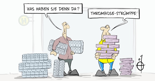 Cartoon: 20210316-Thrombosestrümpfe (medium) by Marcus Gottfried tagged thrombose,astra,zeneca,astrazeneca,impfung,corona,nebenwirkungen,thrombus,covid,toilettenpapier,hamstern,thrombose,astra,zeneca,astrazeneca,impfung,corona,nebenwirkungen,thrombus,covid,toilettenpapier,hamstern