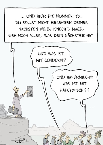 Cartoon: 20210804-Hafermilch (medium) by Marcus Gottfried tagged moses,gebote,glaube,kirche,hafermilch,gendering,moses,gebote,glaube,kirche,hafermilch,gendering