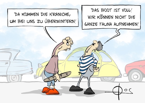 Cartoon: 20230830-Kranich (medium) by Marcus Gottfried tagged flüchtlinge,flucht,migration,winterquartier,winter,flug,vögel,zugvogel,flüchtlinge,flucht,migration,winterquartier,winter,flug,vögel,zugvogel