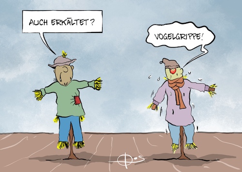 Cartoon: 20251027-Vogelgrippe (medium) by Marcus Gottfried tagged vogelgrippe,schnupfen,erkältung,winter,herbst,vogelscheuche,vogelgrippe,schnupfen,erkältung,winter,herbst,vogelscheuche