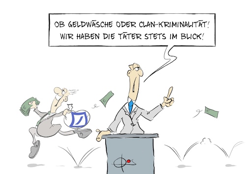 Cartoon: 20260127-TaeterImBlick (medium) by Marcus Gottfried tagged deutsche,bank,razzia,geldwäsche,clankriminalität,deutsche,bank,razzia,geldwäsche,clankriminalität