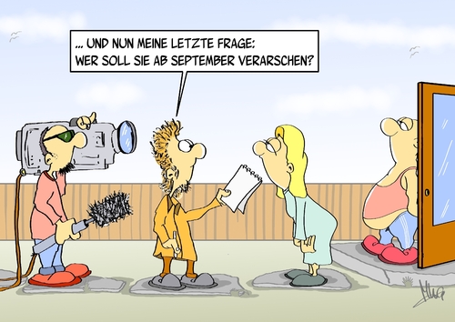 Cartoon: ab September (medium) by Marcus Gottfried tagged wahl,wahlen,umfrage,reporter,kameramann,frage,interview,hausfrau,ehepaar,umfrageinstitut,veraschen,verarsche,glauben,glaubwürdigkeit,regierung,politiker,politik,kamera,tonaufnahme,mikrofon,wahl,wahlen,umfrage,reporter,kameramann,frage,interview,hausfrau,ehepaar,umfrageinstitut,veraschen,verarsche,glauben,glaubwürdigkeit,regierung,politiker,politik,kamera,tonaufnahme,mikrofon