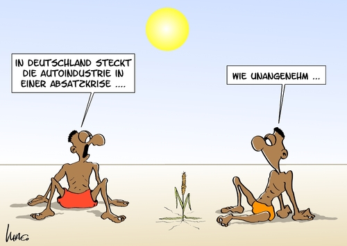 Cartoon: Absatzkrise (medium) by Marcus Gottfried tagged autoindustrie,absatz,krise,fahrzeug,auto,produktion,rückgang,ergebnis,afrika,hilfe,armut,reichtum,interesse,priorität,hunger,kost,ernährung,kontinent,zahlen,autoindustrie,absatz,krise,fahrzeug,auto,produktion,rückgang,ergebnis,afrika,hilfe,armut,reichtum,interesse,priorität,hunger,kost,ernährung,kontinent,zahlen